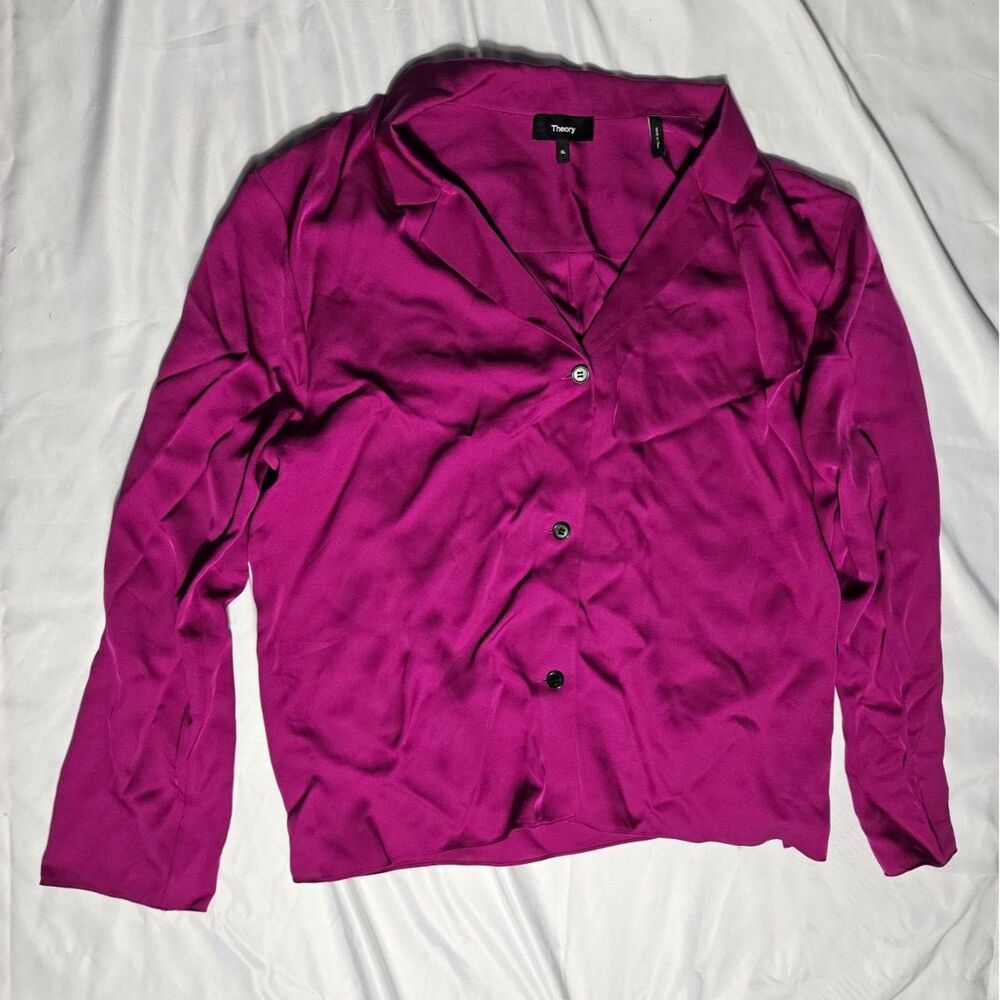 Theory silk blouse, dark pink with black buttons, Sz XL